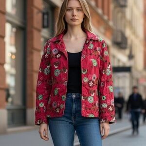 Johnny Was Floral Embroidered Women's Jacket Red Pink Green Gold XL